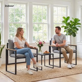 Outsunny 3-częściowy zestaw mebli balkonowych, 2 fotele ze stolikiem, poduszki z oddychającym pokryciem, meble ogrodowe, zestaw bistro z metalu, na taras i do ogrodu, szary | Aosom PL