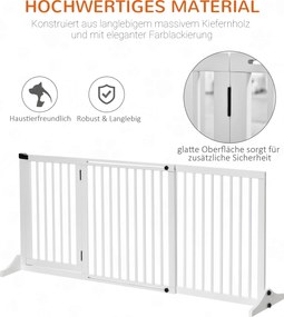 PawHut Bramka Zabezpieczająca Drewniana do Drzwi Bariera dla Psów Biała Sosnowa Konfigurowalna 113-166x36x71cm | Aosom PL