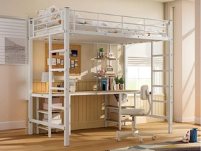 Łóżko mezzanine 90x200 cm - z biurkiem i półkami - stalowa rama - Biały