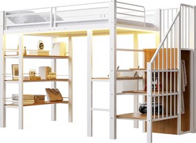 Łóżko na antresoli 90x200 cm - z oświetleniem LED i gniazdkiem elektrycznym - z przegródkami do przechowywania - z półką - biały​ (materac nie jest wliczony w cenę)