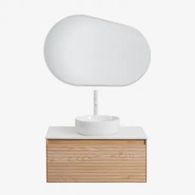 Zestaw Wiszących Mebli Łazienkowych Z Drewna Jesionowego Tedrik Popielaty Brąz & Okrągły Ceramiczny Biały Ø40 - Sklum