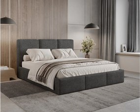 Łóżko tapicerowane 200x200 Elora boucle – łóżko z pojemnikiem na pościel i stelażem listwowym, tkanina boucle – Szary