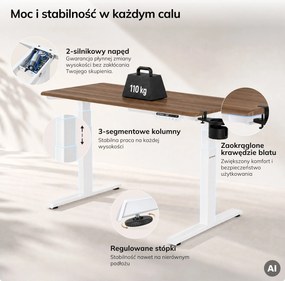 Biurko elektryczne z regulacją wysokości ergonomiczne białe/orzech,1200x600 mm: ARIA