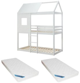 Łóżko piętrowe domek 2 x 90 x 190 cm - Drewno sosnowe i MDF - Biały + Materac - LIDOVARA