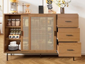 Buffet w stylu wiejskim 140×37×91 cm - z 2 przesuwnymi drzwiami i 3 szufladami - metalowe nogi - płyta wiórowa - naturalny