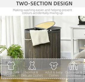 HOMCOM Kosz na bieliznę 100 L z pokrywą, uchwytem, 2 sekcje, wyjmowany worek na pranie, do sypialni, łazienki, wykonany z bambusa, szary