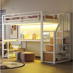 Łóżko piętrowe metalowe dla dzieci - 90 x 200 cm - z diodami LED + gniazdko elektryczne + drabinka + półki + stolik - białe