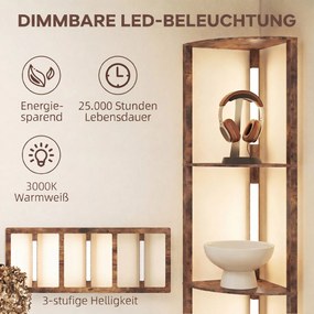 HOMCOM Lampa LED stojąca z półkami, 5-stopniowa ściemnialna, nowoczesna lampa stojąca z 3 poziomami jasności i włącznikiem nożnym, Rustykalny Brąz | Aosom PL