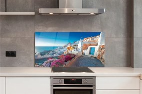 Szkło do Kuchni na Ścianę Biała Architektura i Kwiaty Grecji