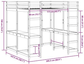 Białe łóżko na antresoli z podwójnym biurkiem 140x200 Gindo