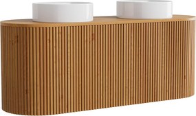 Podwieszana szafka łazienkowa z drewna tekowego z podwójną okrągłą umywalką nablatową - Jasny naturalny - 150 cm - TOWARI