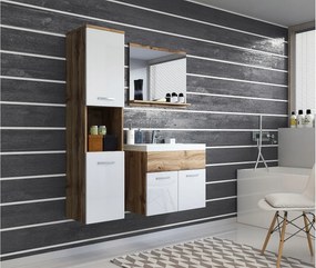 Zestaw mebli łazienkowych, komplet wiszący z umywalką, lustrem i słupkiem, korpus wotan fronty biały połysk