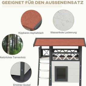 PawHut Domek dla kotów, Chatka dla zwierząt, Dach asfaltowy, 2 Poziomy, 1 Schodek, Biało-Czerwony