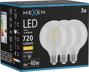 Mexen Vintis 3x żarówka filament LED E27, G95, 6W, Ciepła - 2700K, 720 lm, clear - L157-E27-0627-00x03