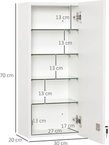Szafka ścienna Kleankin z regulowanymi półkami, biała płyta wiórowa E1, zamykana na klucz, 30x20x70 cm | Aosom PL