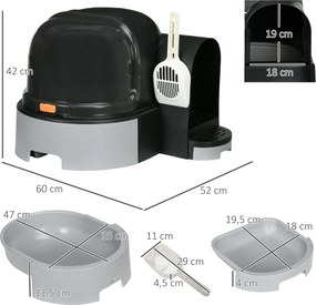 PawHut Kuweta Domek dla Kota z Łopatką 2 Wysuwane Tace Pokrywa Szary 52x60x42cm | Aosom PL