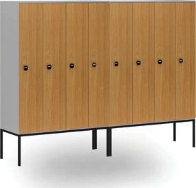 Drewniana szafa ubraniowa S4 z podstawą, 4-drzwiowa, 1871 x 1200 x 500 mm, demontaż, zamek RFID, szary/buk