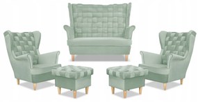 Zestaw wypoczynkowy Carol sofa fotele pufy paski Family Meble seledynowy