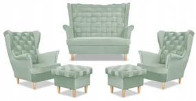 Zestaw wypoczynkowy Carol sofa fotele pufy paski Family Meble seledynowy