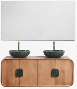 Zestaw Podwójnej Wiszącej Szafki Łazienkowej 130x45 Cm Z Drewna Mango I Naturalnego Kamienia Kivalina Zielony Marmur Udaipur - Drewno - Sklum