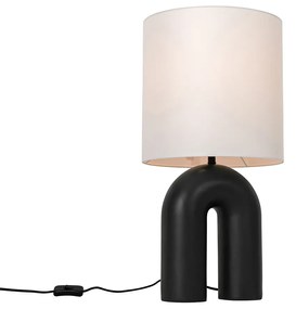 Designerska lampa stołowa czarna z abażurem z białego lnu - LottiDesignerski Oswietlenie wewnetrzne