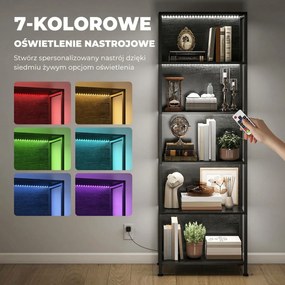 HOMCOM Regał z 5 półkami z LED, 7 kolorów światła, do salonu, 60 x 30 x 179 cm, czarny | Aosom PL
