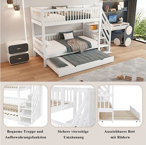 Łóżka piętrowe - 2 x 90 x 200 cm - z łóżkiem wysuwanym 90 x 190 cm - schody do przechowywania - płyta MDF - białe