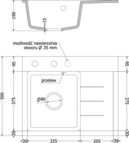 Mexen Ben zlewozmywak granitowy 1-komorowy z ociekaczem, lewy 600 x 500 mm, czarny, syfon chrom - 6522605000-77