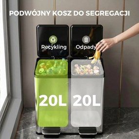 HOMCOM 2 x 20 L podwójny kosz na śmieci, otwieranie pedałem, łatwe czyszczenie, stal nierdzewna, plastik, srebrny | Aosom PL