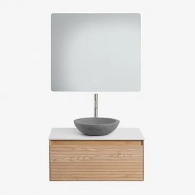 Zestaw Wiszących Mebli Łazienkowych Z Drewna Jesionowego Tedrik Popielaty Brąz & Okrągły Szary Cement - Sklum