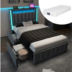 Łóżko tapicerowane z pojemnikiem dla młodzieży - 90 x 200 cm - Materac + LED-y + 2 szuflady + Zagłówek z USB - Tkanina lniana - Szary
