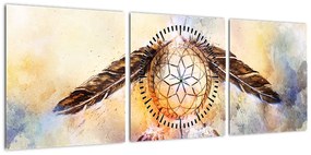 Obraz - Łapacz snów z piórami (z zegarem) (90x30 cm)