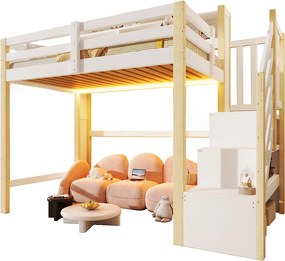 Łóżko na antresoli 90x200cm - z oświetleniem LED - z drabiną z pojemnikami - Biały + Naturalny​ (materac nie jest wliczony w cenę)