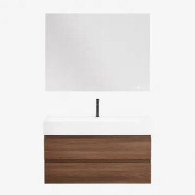 Zestaw Wiszących Mebli Łazienkowych Z Drewna I Forniru Jesionowego Zintegrowany Z Umywalką Ona Ciemna Czerń & - Sklum