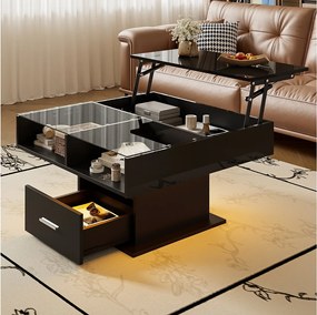 Stolik kawowy podnoszony - 78 x 78 x 45/59 cm - wysoki połysk z diodami LED + 1 szuflada - płyta wiórowa - czarny