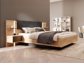 Łóżko ze skrzynią i szafkami nocnymi 160 x 200 cm - Z oświetleniem LED - Kolor: Naturalny i antracyt + Materac - ELYNIA
