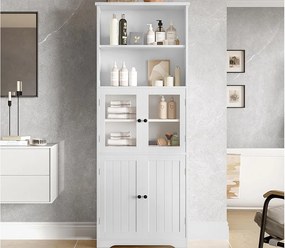 Meble łazienkowe 57,4×28,5×160 cm - 4 drzwi - 2 otwarte przegródki - regulowane półki - biały