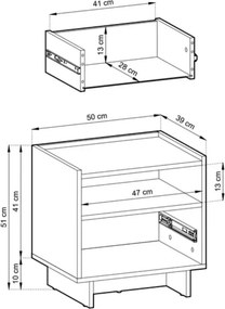 Stolik nocny Vabres dąb karmel 50 cm nowoczesna szafka nocna z szufladą push to open minimalistyczna sypialnia ABS 16 mm