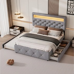 Łóżko tapicerowane z pojemnikiem na pościel, 140 x 200 cm, z wysuwaną podstawą i 2 szufladami, podświetlana szafka nocna, lniane, kolor szary