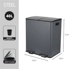 Ciemnoszary stalowy kosz na śmieci 2x20 l do segregacji odpadów/z pedałem Aliya – Spirella