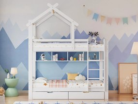 Łóżko piętrowe domek 90x200cm z litego drewna sosnowego z szufladami i półkami + stelaż - Białe