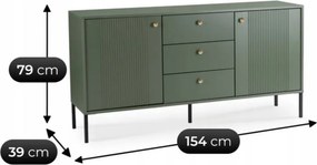 Komoda do Salonu Sypialni SOFT 154 cm Zielona Ryflowana Dwudrzwiowa z Szufladami Nowoczesna