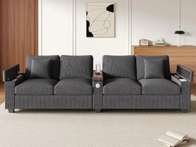 Nowoczesna kanapa 4-osobowa - ze składanym środkowym podłokietnikiem - z portami ładowania USB/USB-C - Welur żebrowany - szary