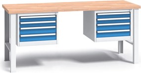 Profesjonalny stół warsztatowy G3 z drewnianym blatem roboczym, 2000 mm, 2x 4 szufladowy kontener, niebieski