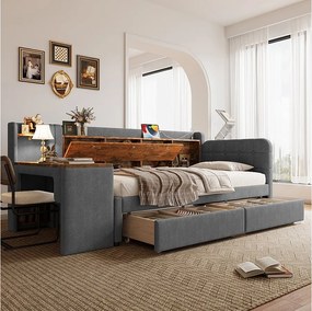 Sofa rozkładana 90x200 cm, szary len, łóżko dla dorosłych z biurkiem i 2 szufladami, port USB - bez materaca