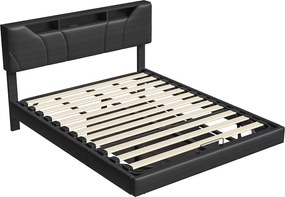 Łóżko z pojemnikiem dla dorosłych 140x200 cm z czarnego PU z stelażem, regulowanym podświetlanym zagłówkiem i wbudowanym schowkiem