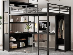 Łóżko mezzanine 140x200 cm - z biurkiem i półką do przechowywania - z szafą - z drabiną - Metal + płyty wiórowe - Czarny