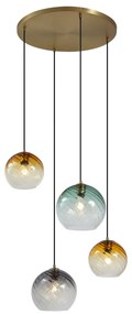 Lampa wisząca brązowa z dymionym bursztynowym i zielonym szkłem okrągła 4-punktowa - Bao ArtDeco Oswietlenie wewnetrzne