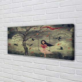 Obraz na płótnie Drzewo, Ptaki i Dziewczynka na Skale