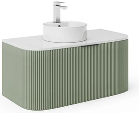 Szafka łazienkowa wisząca ryflowana z umywalką nablatową - Zielony mat - 100 cm - LOMERI